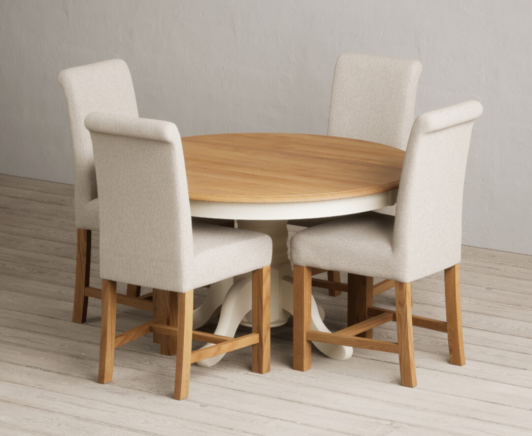 Hertford 120cm Fixed Top Oak And Cream Painted Dining Table With 4 Natural Braced Chairs