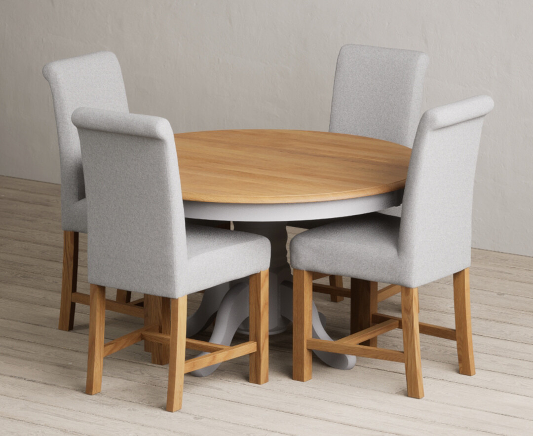 Hertford 120cm Fixed Top Oak and Light Grey Painted Dining Table with 4 Grey Braced Chairs