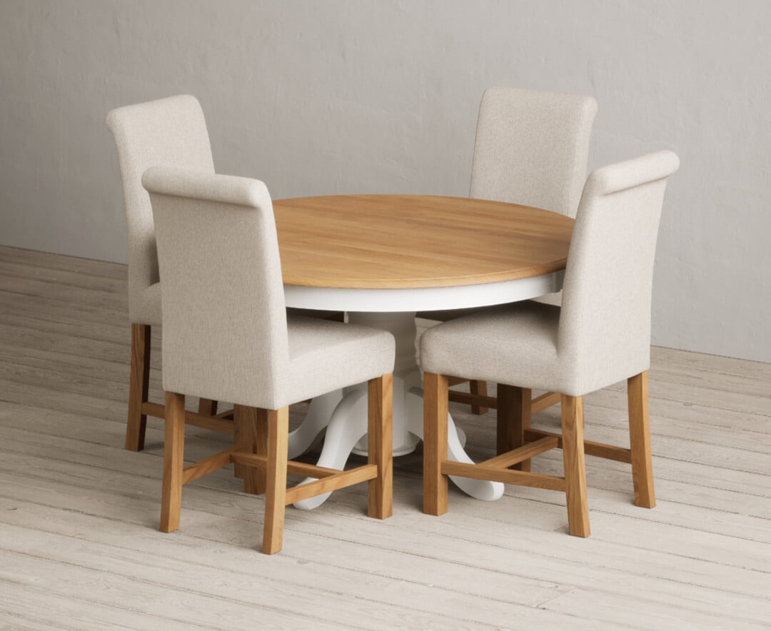 Hertford 120cm Fixed Top Oak And Signal White Painted Dining Table With 6 Natural Braced Chairs