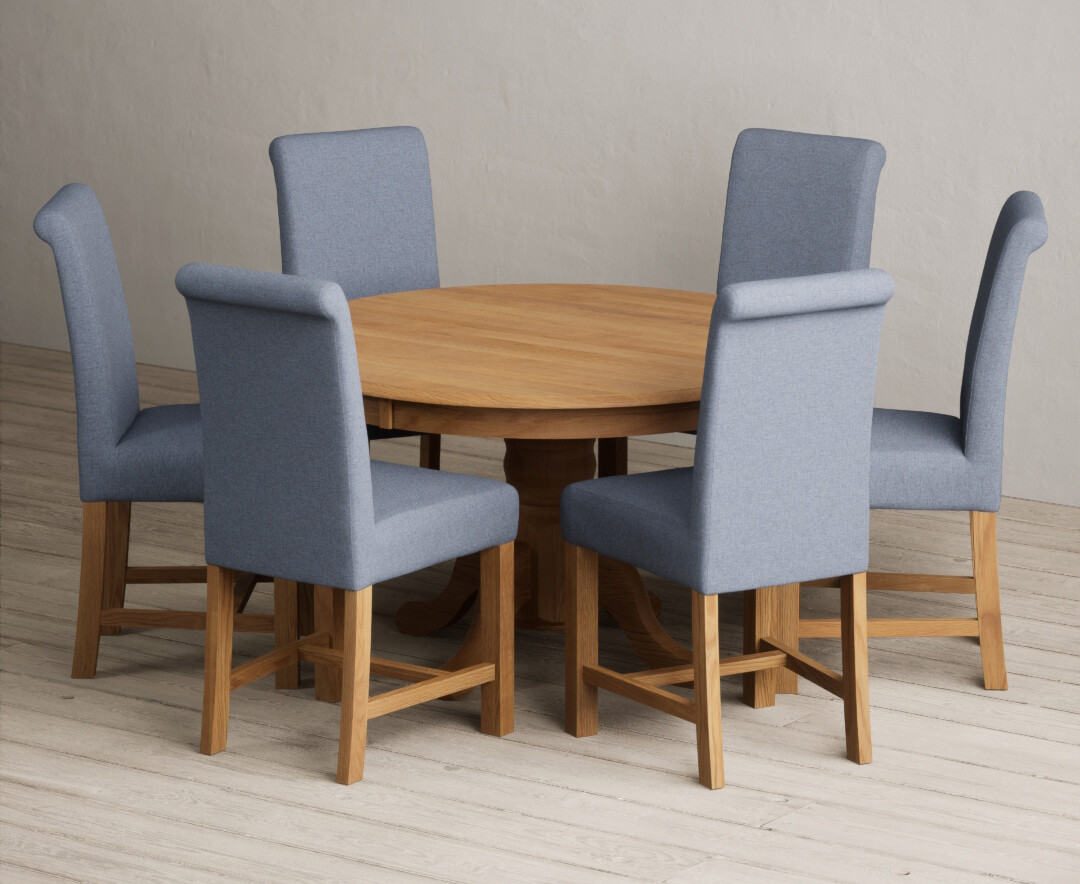 Hertford 120cm Fixed Top Solid Oak Dining Table with 4 Blue Braced Chairs