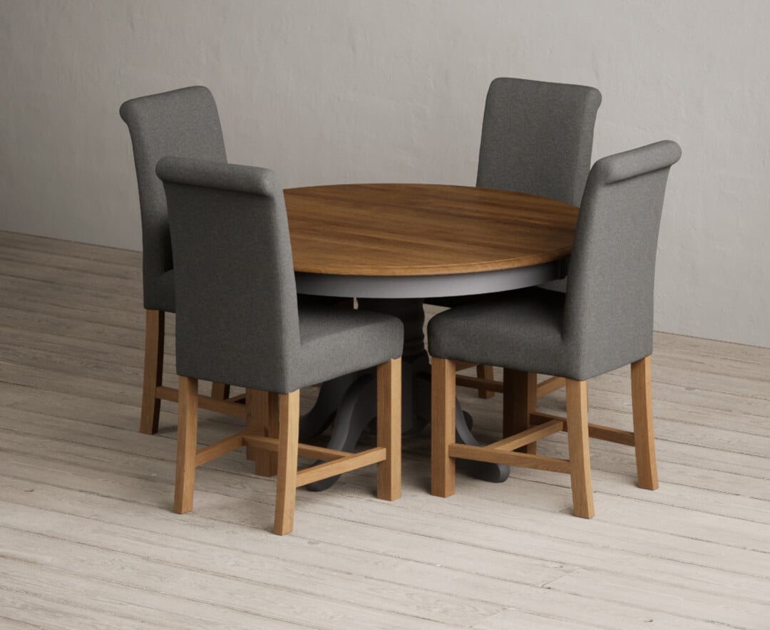 Hertford 120cm Fixed Top Oak And Charcoal Grey Painted Dining Table With 6 Grey Braced Chairs