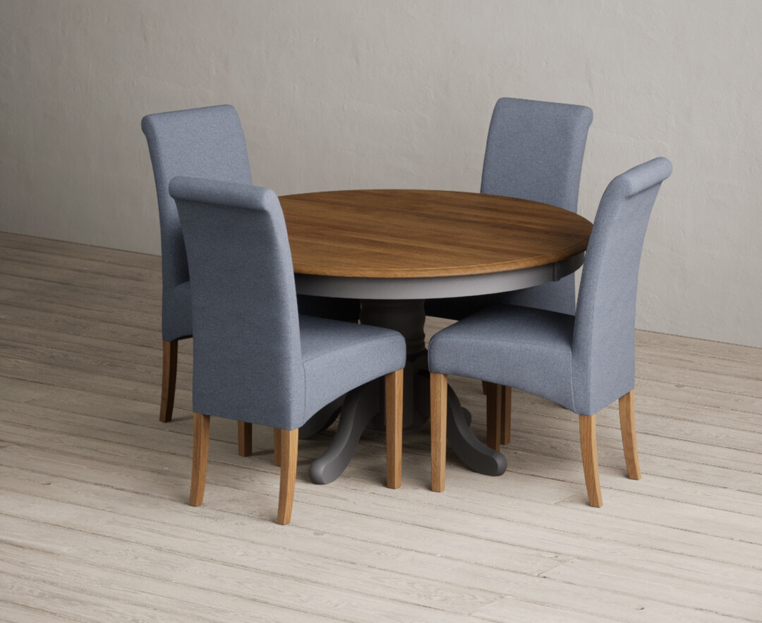 Hertford 120cm Fixed Top Oak And Charcoal Grey Painted Dining Table With 4 Grey Scroll Back Chairs