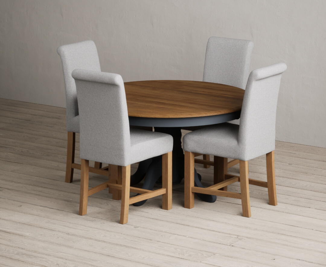 Hertford 120cm Fixed Top Oak And Dark Blue Painted Dining Table With 6 Grey Braced Chairs