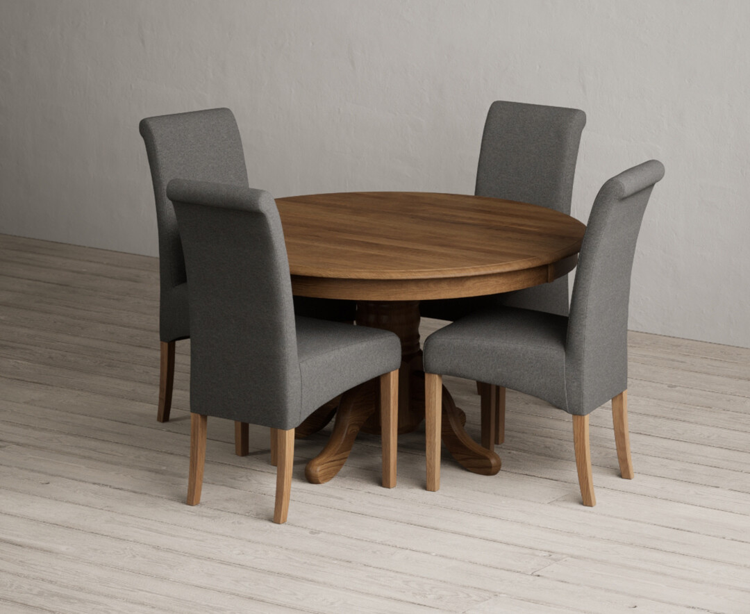Hertford 120cm Fixed Top Rustic Oak Dining Table with 6 Blue Scroll Back Chairs thumbnail