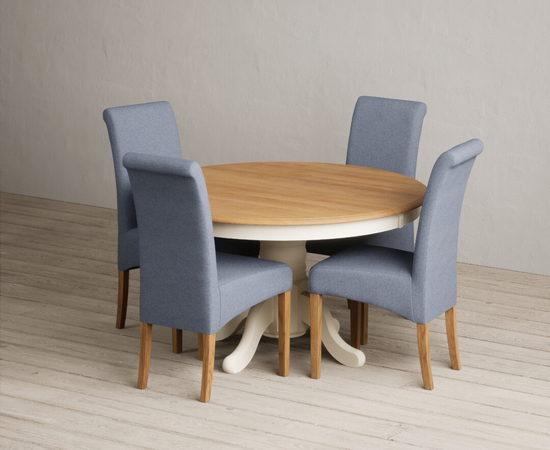 Hertford 120cm Fixed Top Oak And Cream Painted Dining Table With 6 Natural Scroll Back Chairs