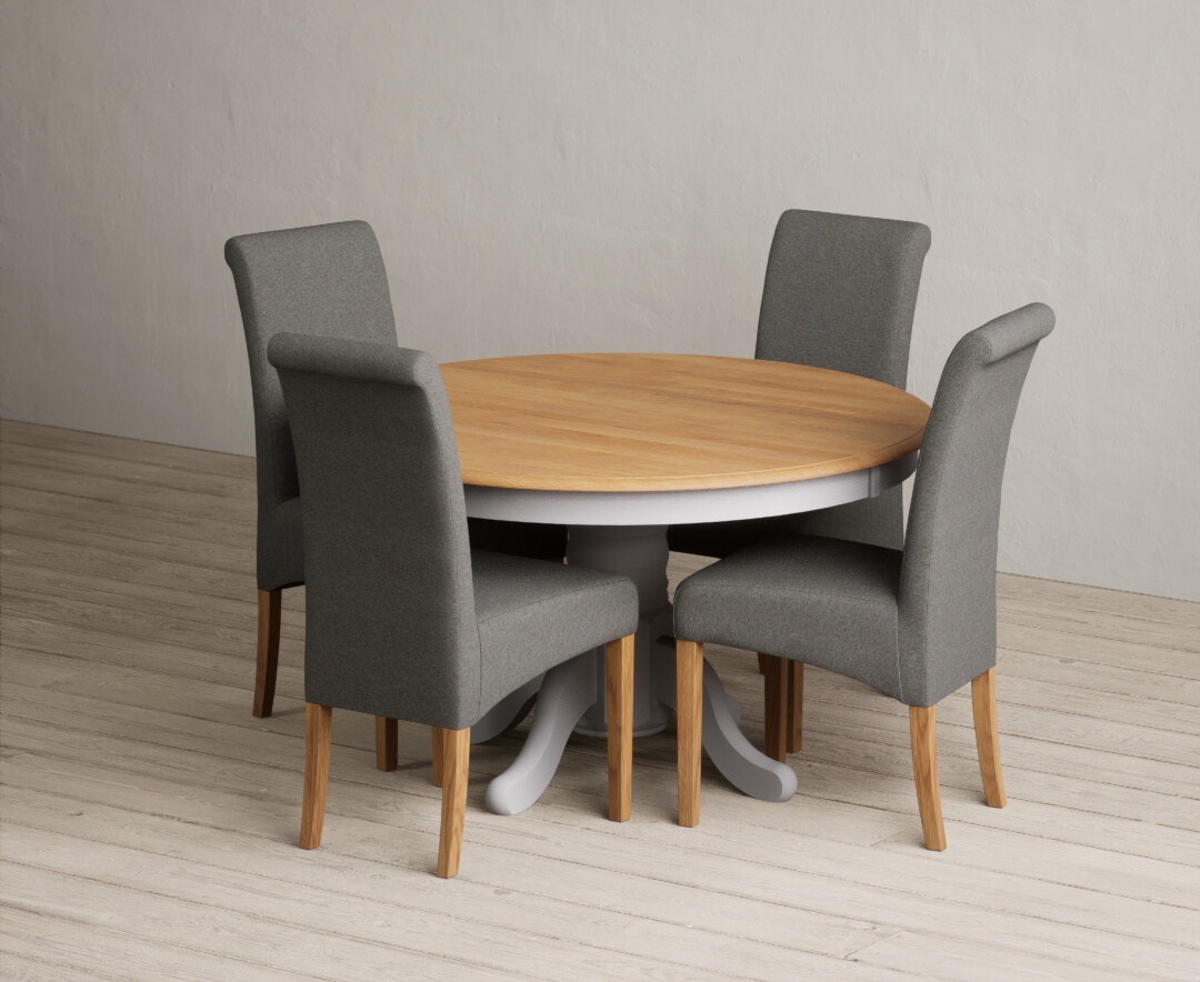 Hertford 120cm Fixed Top Oak And Light Grey Painted Dining Table With 6 Natural Scroll Back Chairs