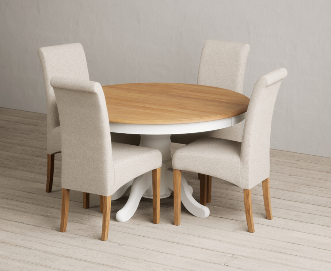 Hertford 120cm Fixed Top Oak And Signal White Painted Dining Table With 6 Blue Scroll Back Chairs