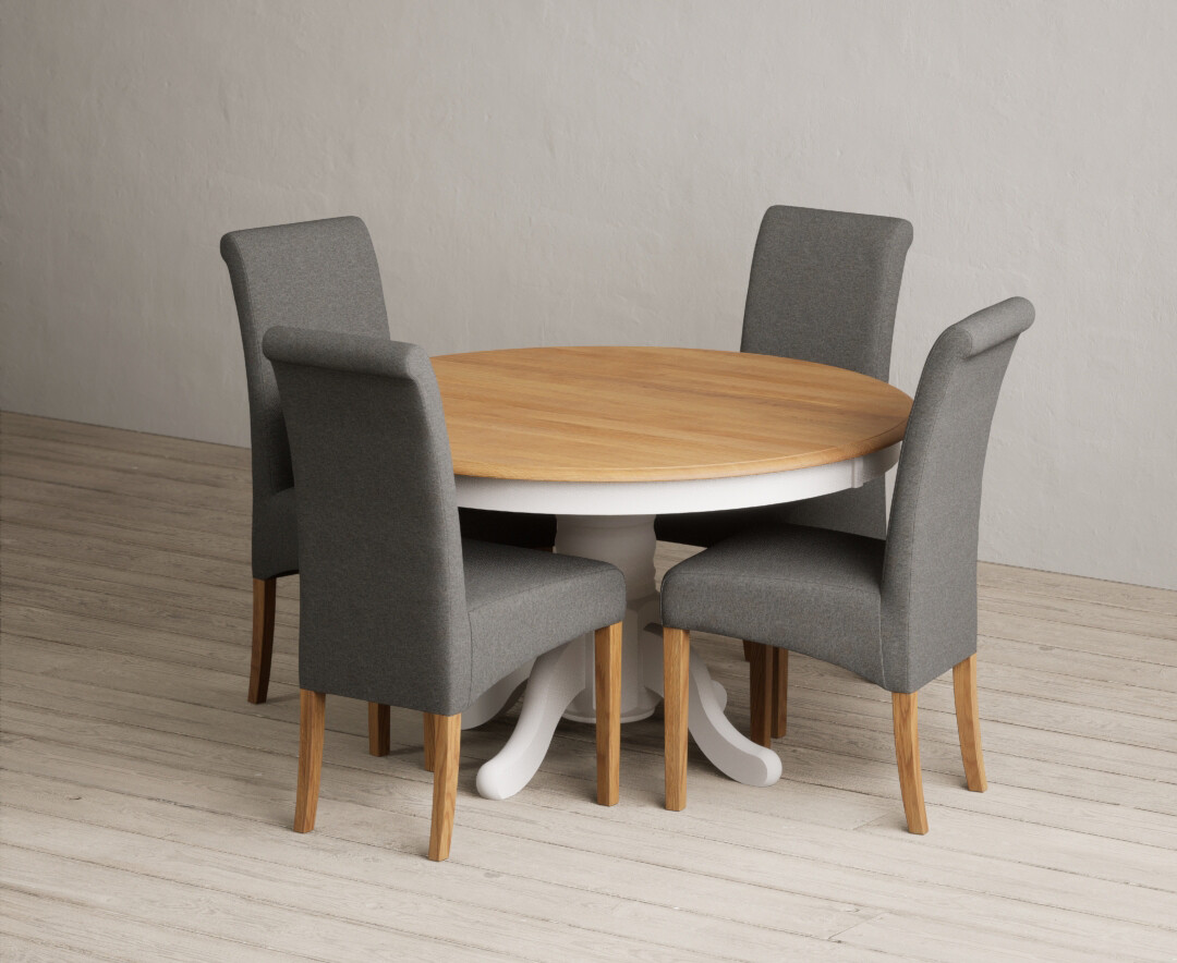 Hertford 120cm Fixed Top Oak And Soft White Painted Dining Table With 4 Charcoal Grey Scroll Back Chairs