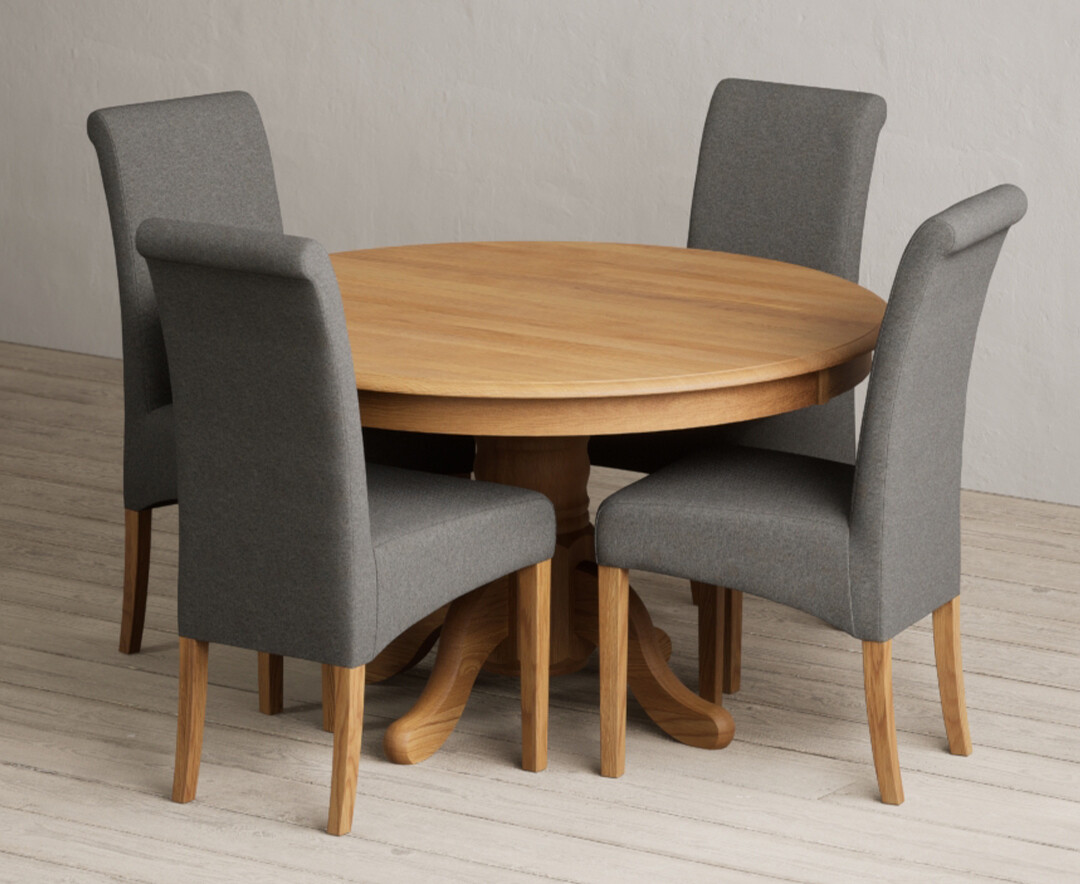 Hertford 120cm Fixed Top Solid Oak Dining Table with 6 Charcoal Grey Scroll Back Chairs