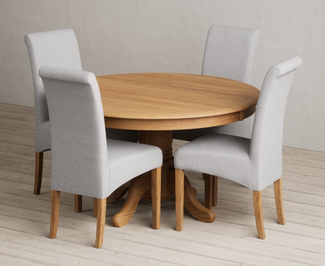 Hertford 120cm Fixed Top Solid Oak Dining Table with 4 Blue Scroll Back Chairs