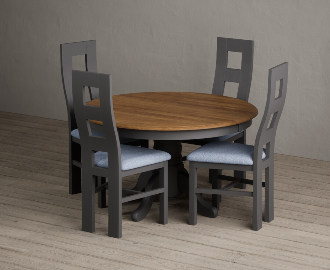 Hertford 120cm Fixed Top Oak and Charcoal Grey Painted Dining Table with 6 Linen Painted Chairs