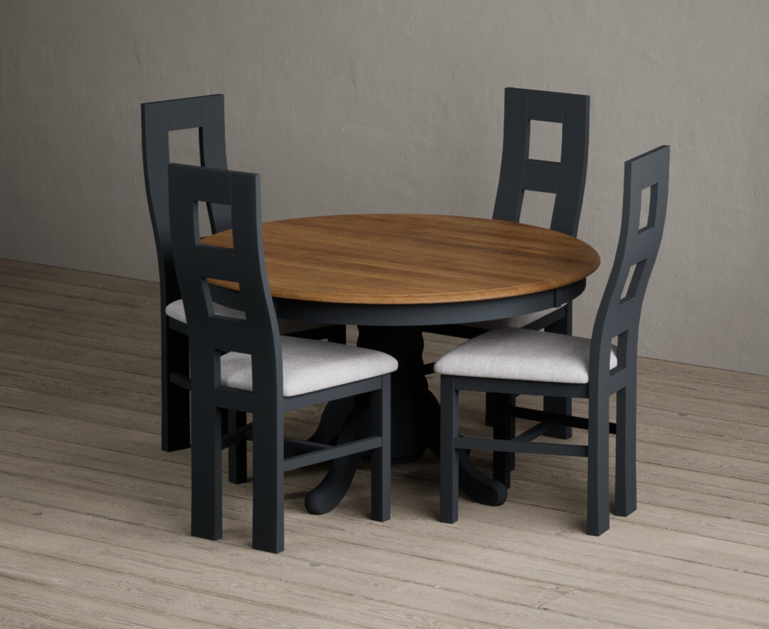 Hertford 120cm Fixed Top Oak and Dark Blue Painted Dining Table with 6 Blue Painted Chairs