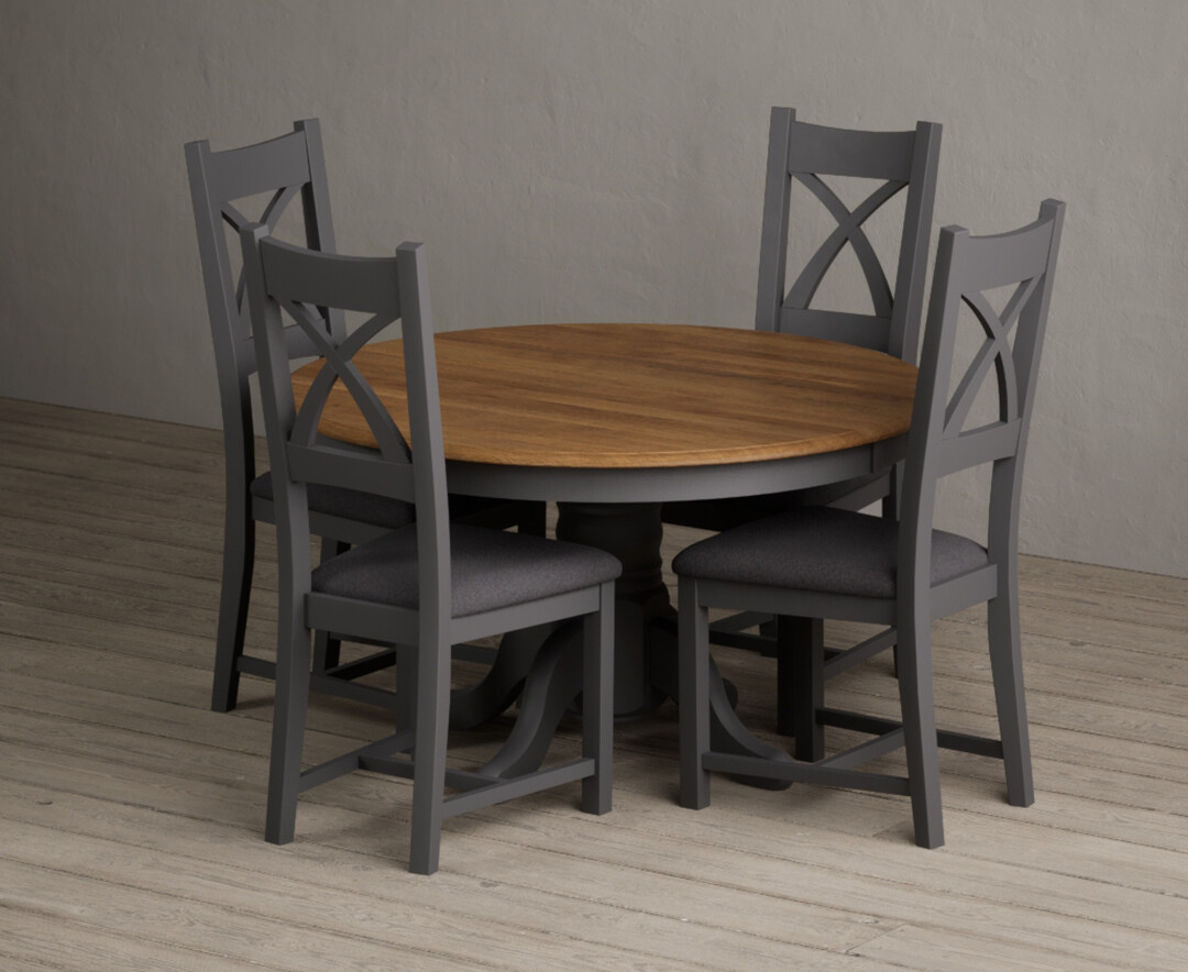Hertford 120cm Fixed Top Oak And Charcoal Grey Painted Dining Table With 6 Rustic Oak Painted Chairs