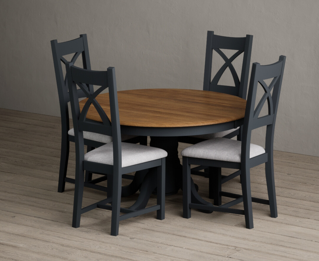 Hertford 120cm Fixed Top Oak And Dark Blue Painted Dining Table With 6 Light Grey Painted Chairs