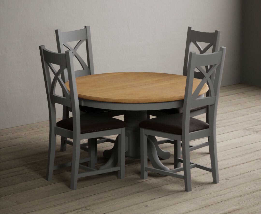 Hertford 120cm Fixed Top Oak and Light Grey Painted Dining Table with 6 Brown Painted Chairs