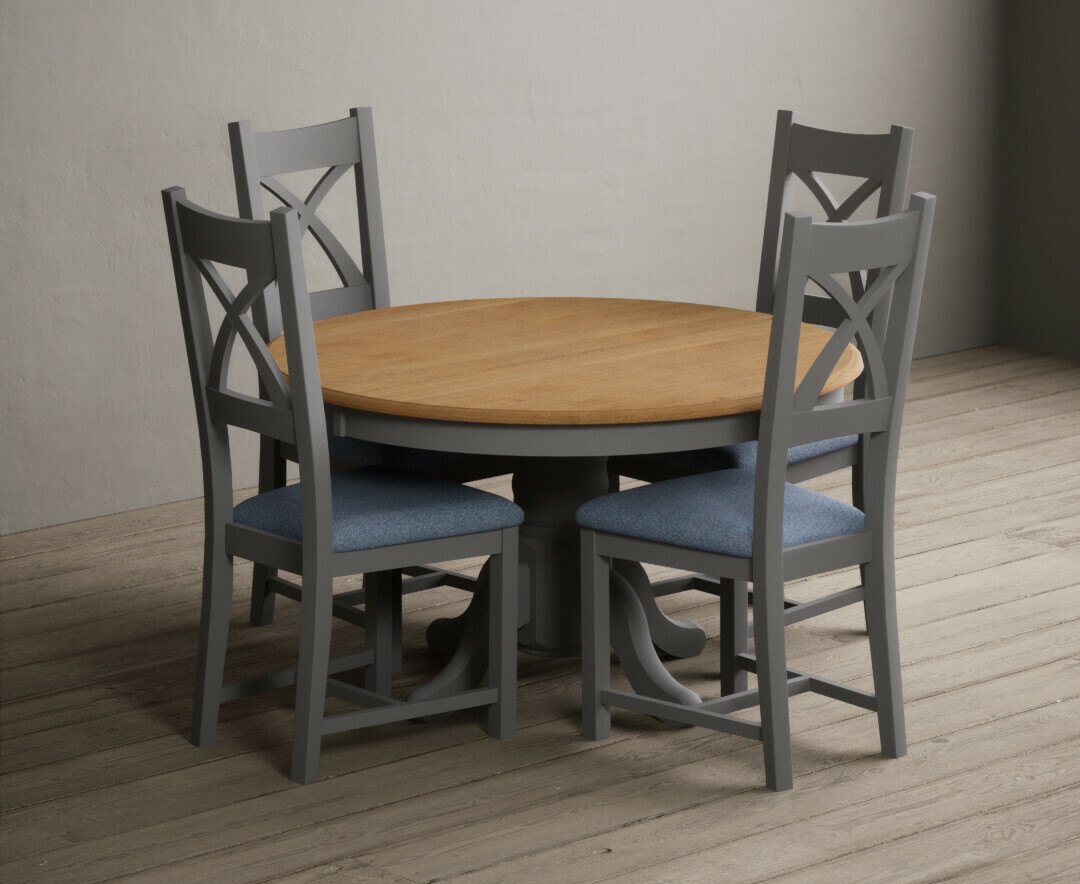 Hertford 120cm Fixed Top Oak and Light Grey Painted Dining Table with 6 Brown Painted Chairs