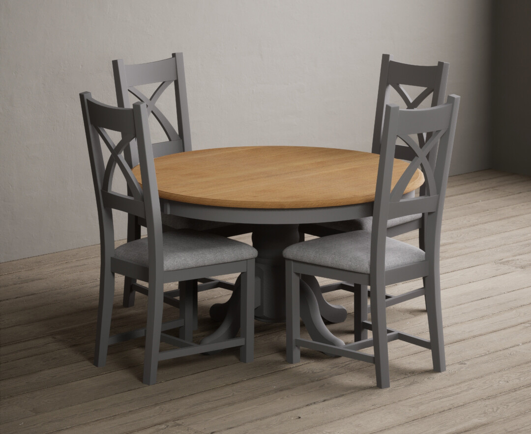 Hertford 120cm Fixed Top Oak And Light Grey Painted Dining Table With 6 Light Grey Painted Chairs