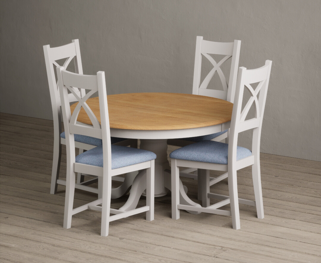 Hertford 120cm Fixed Top Oak And Soft White Painted Dining Table With 4 Light Grey Painted Chairs