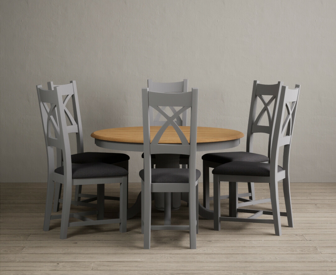 Hertford 120cm Fixed Top Oak and Light Grey Painted Dining Table with 6 Brown Painted Chairs