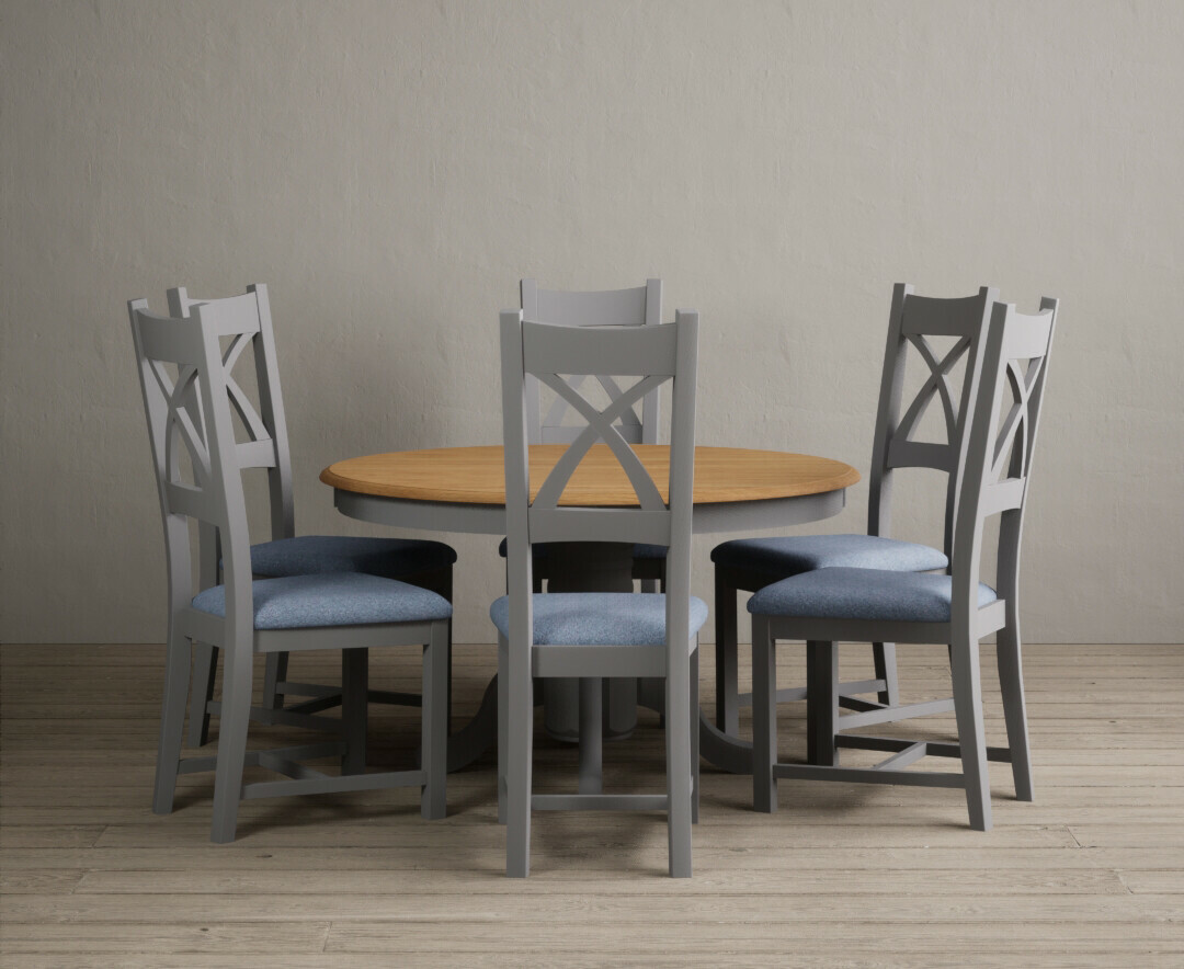 Hertford 120cm Fixed Top Oak and Light Grey Painted Dining Table with 6 Brown Painted Chairs