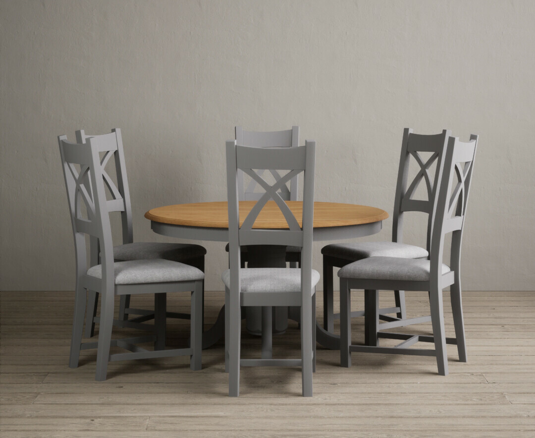 Hertford 120cm Fixed Top Oak and Light Grey Painted Dining Table with 6 Brown Painted Chairs