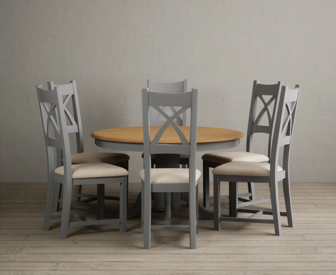 Hertford 120cm Fixed Top Oak and Light Grey Painted Dining Table with 6 Brown Painted Chairs