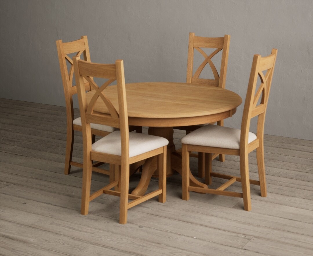 Hertford 120cm Fixed Top Solid Oak Dining Table with 6 Linen Natural Solid Oak Chairs