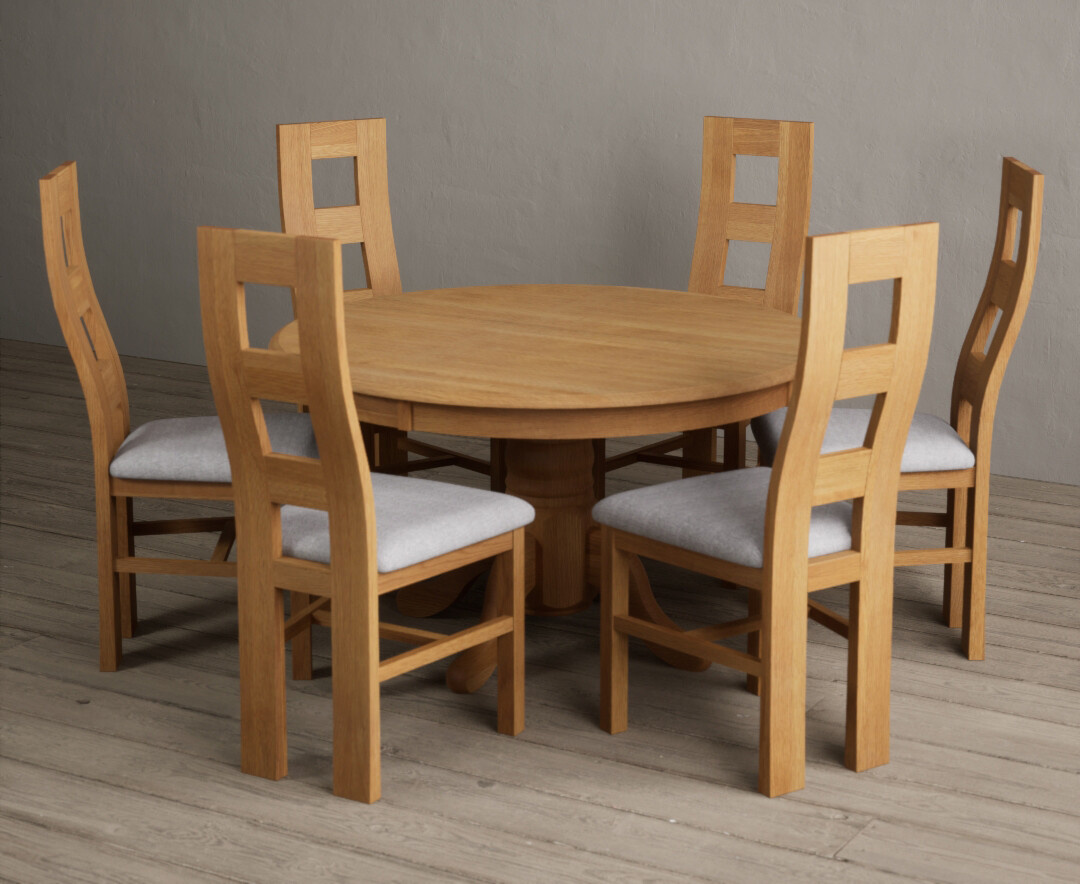York 150cm Solid Oak Dining Table with 4 Light Grey York Chairs and 2 Oak Benches