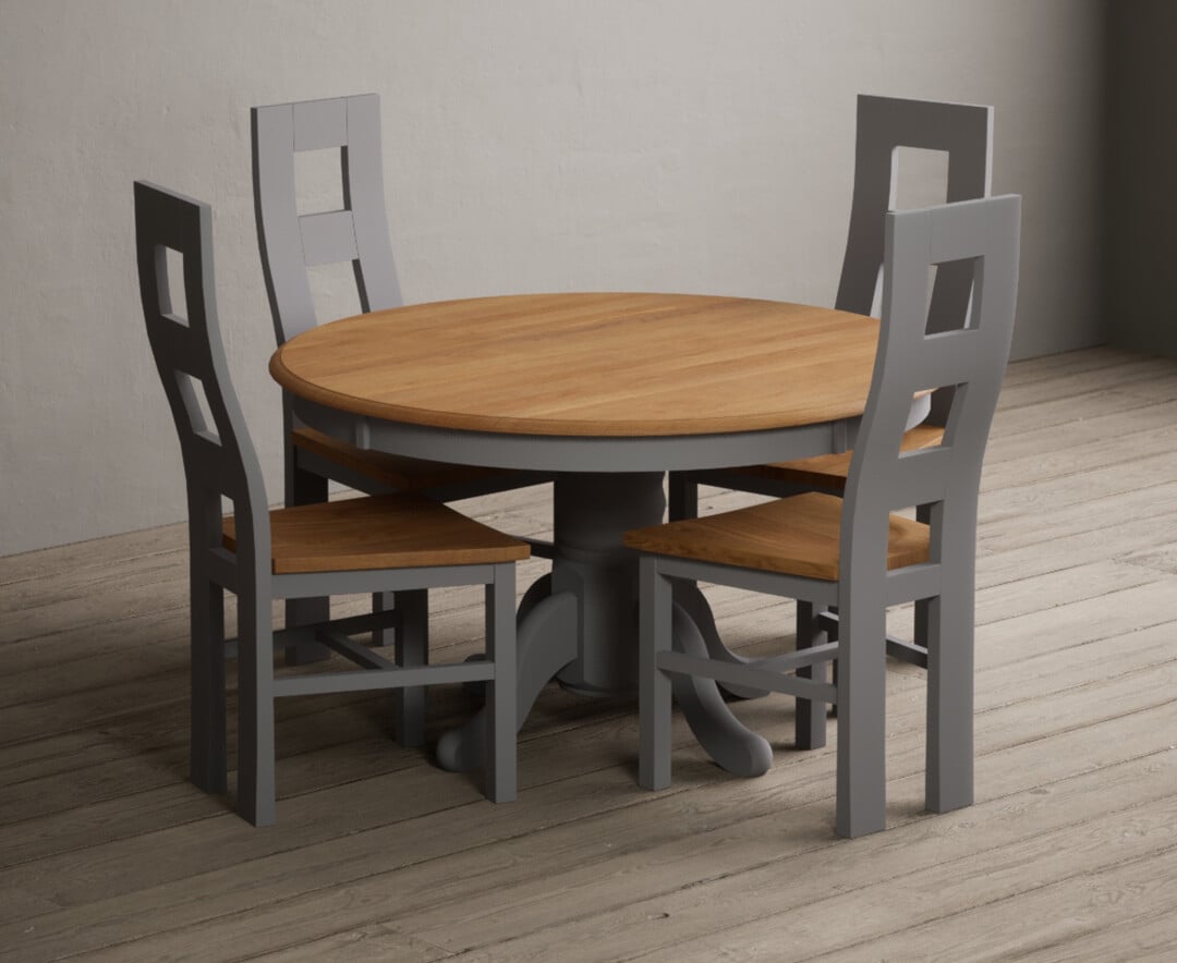 Hertford 120cm Fixed Top Oak And Light Grey Painted Dining Table With 4 Light Grey Natural Chairs