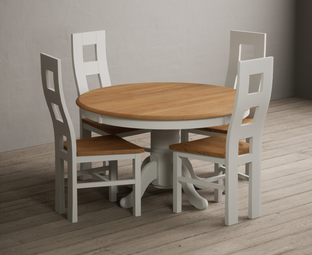 Hertford 120cm Fixed Top Oak And Signal White Painted Dining Table With 6 Light Grey Natural Chairs