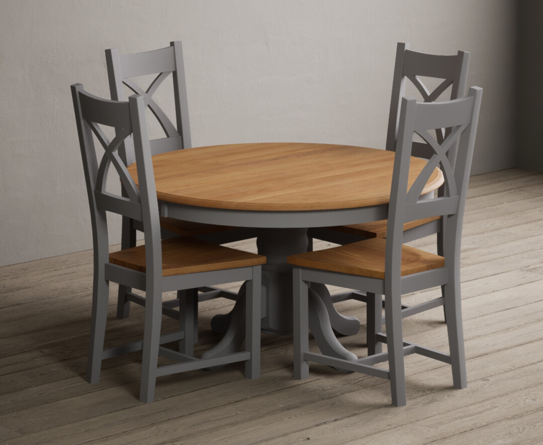 Hertford 120cm Fixed Top Oak And Light Grey Painted Dining Table With 4 Light Grey Natural Solid Oak Chairs