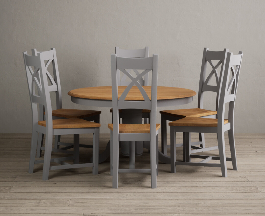 Hertford 120cm Fixed Top Oak and Light Grey Painted Dining Table with 6 Brown Painted Chairs