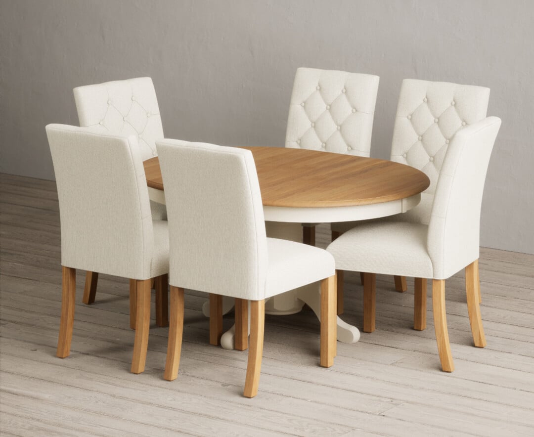 Extending Hertford 100cm - 130cm Oak And Cream Painted Pedestal Dining Table With 6 Grey Isabella Chairs