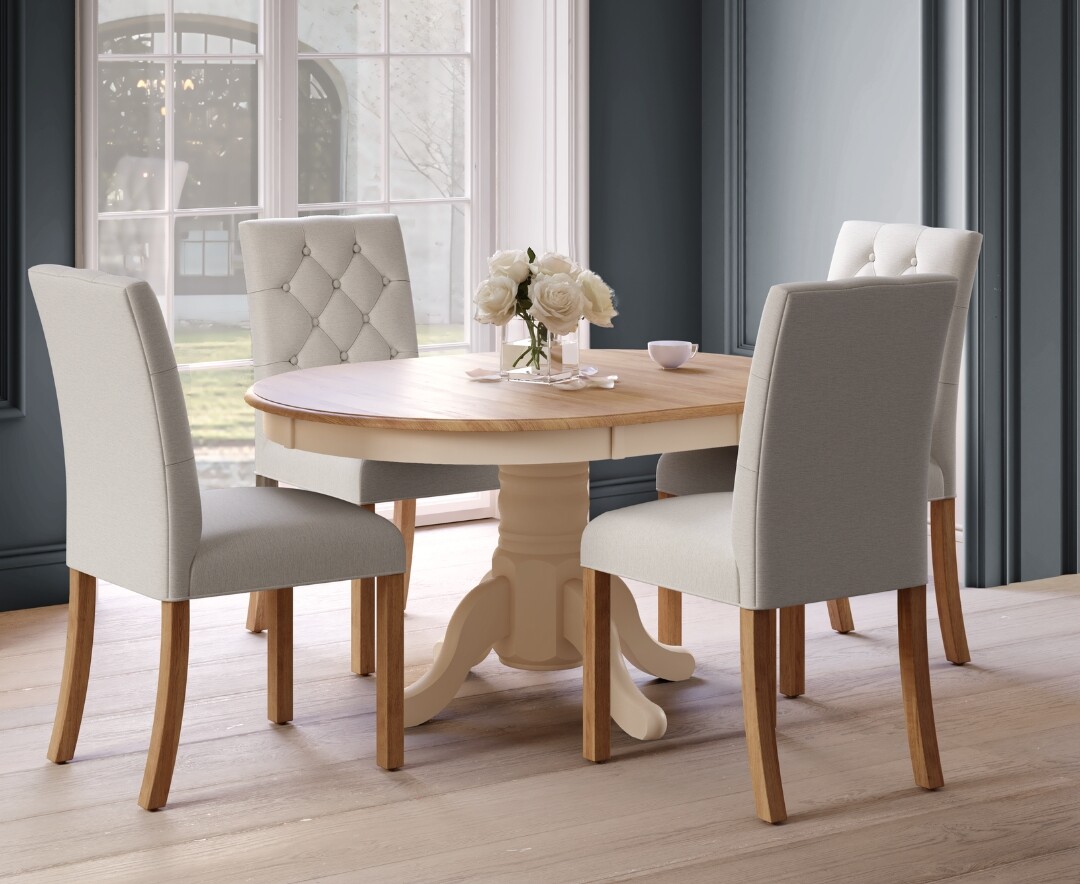 Extending Hertford 100cm - 130cm Oak And Cream Painted Pedestal Dining Table With 4 Grey Isabella Chairs