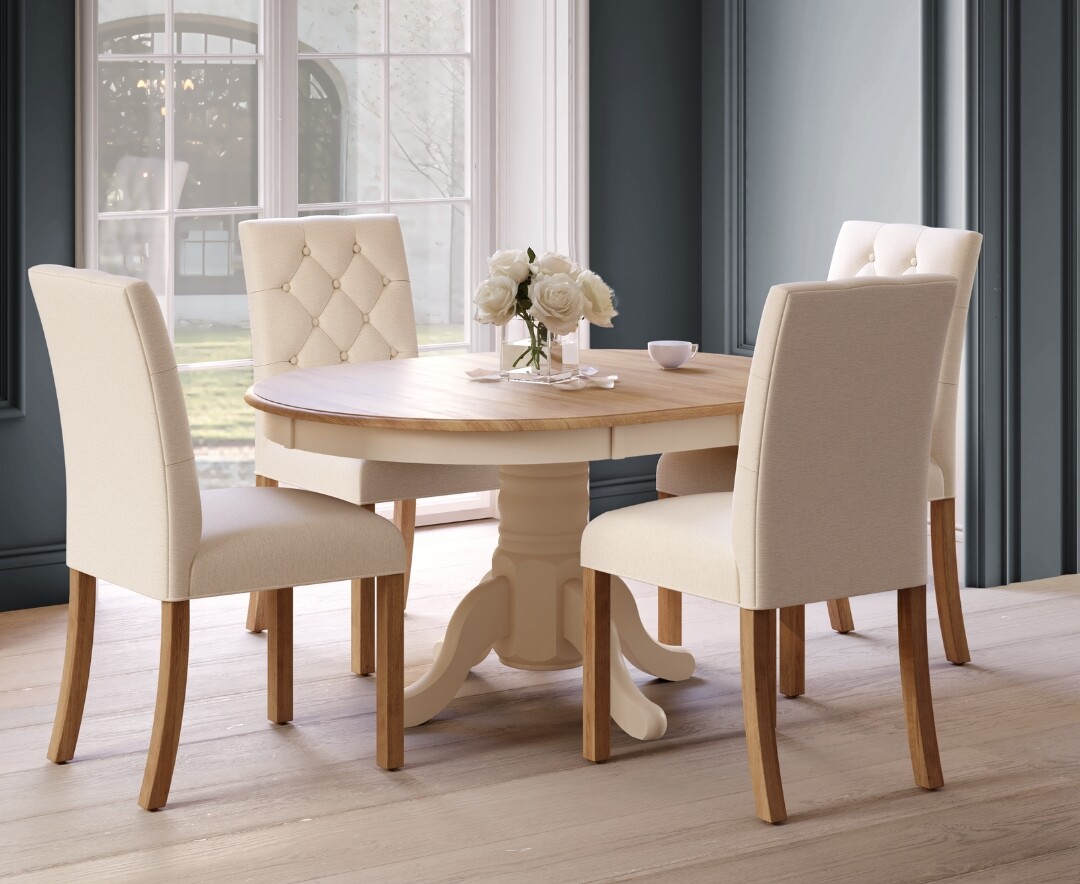 Extending Hertford 100cm - 130cm Oak And Cream Painted Pedestal Dining Table With 4 Natural Isabella Chairs