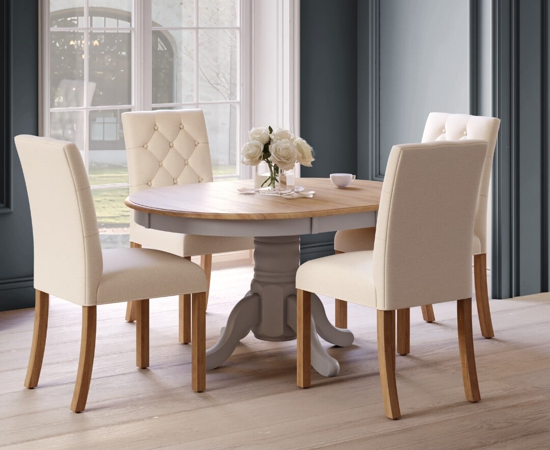 Extending Hertford 100cm - 130cm Oak and Light Grey Painted Pedestal Dining Table with 6 Grey Isabella Chairs