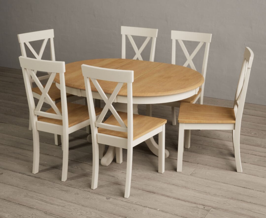 Extending Hertford 100cm - 130cm Oak and Cream Painted Pedestal Dining Table with 6 Light Grey Hertford Chairs Extending Hertford 100cm - 130cm Oak and Cream Painted Pedestal Dining Table with 6 Light Grey Hertford Chairs