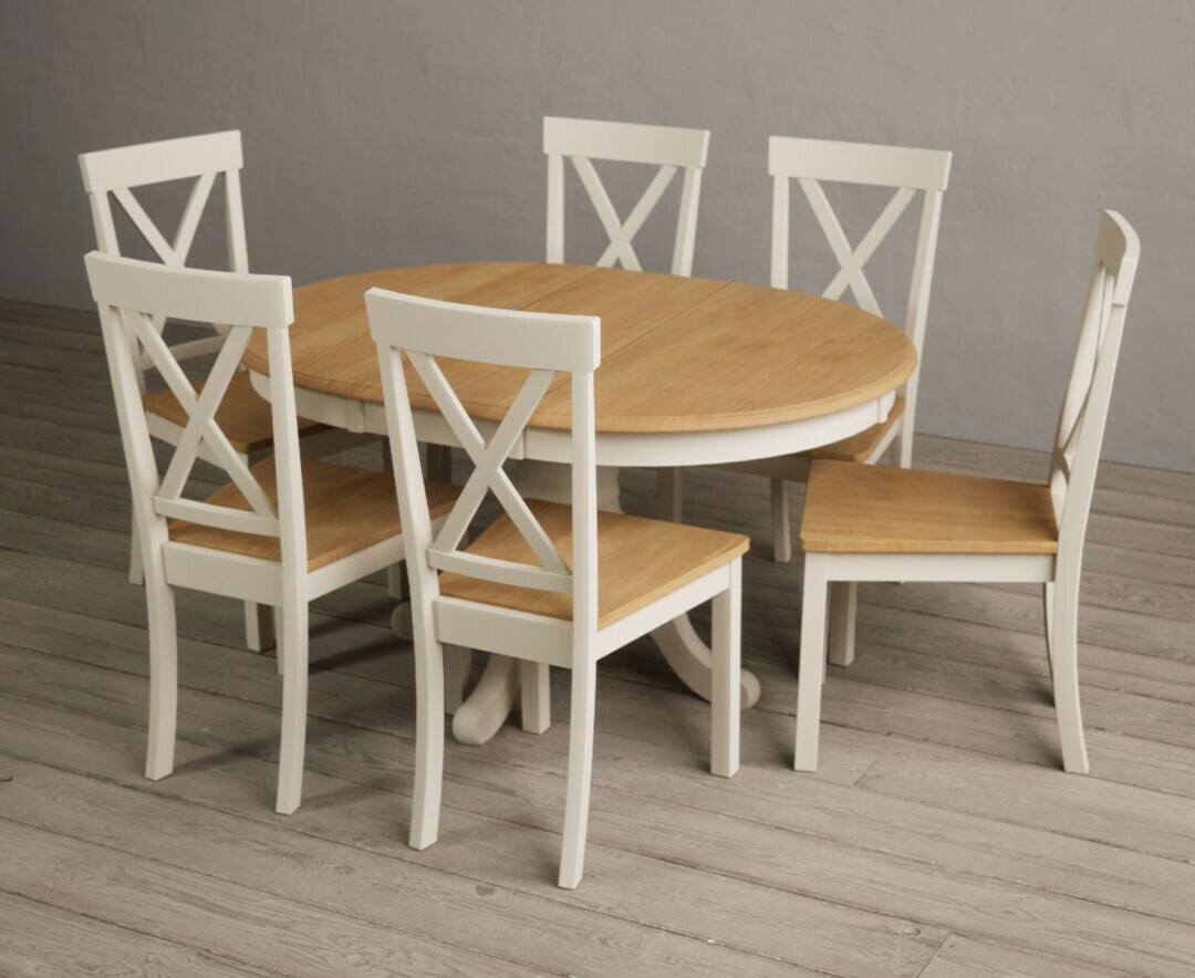Extending Hertford 100cm – 130cm Oak and Cream Painted Pedestal Dining Table with 4 Blue Hertford Chairs