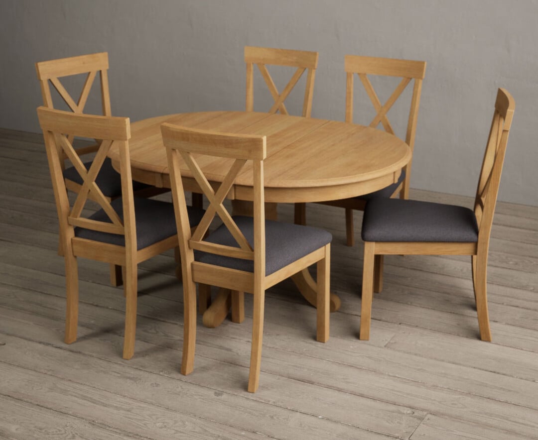 Extending Hertford 100cm - 130cm Solid Oak Pedestal Dining Table with 6 Linen Hertford Chairs Extending Hertford 100cm - 130cm Solid Oak Pedestal Dining Table with 6 Linen Hertford Chairs