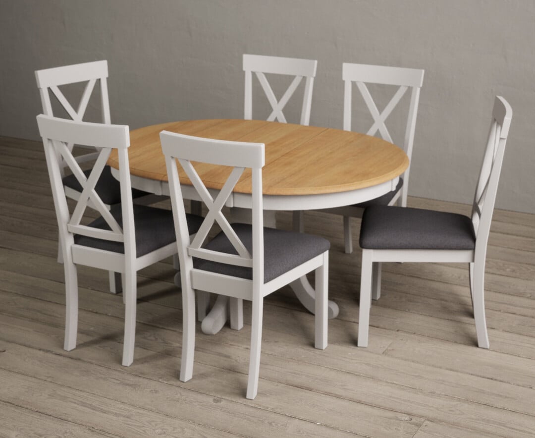 Extending Hertford 100cm - 130cm Oak and Soft White Painted Pedestal Dining Table with 6 Light Grey Hertford Chairs Extending Hertford 100cm - 130cm Oak and Soft White Painted Pedestal Dining Table with 6 Light Grey Hertford Chairs