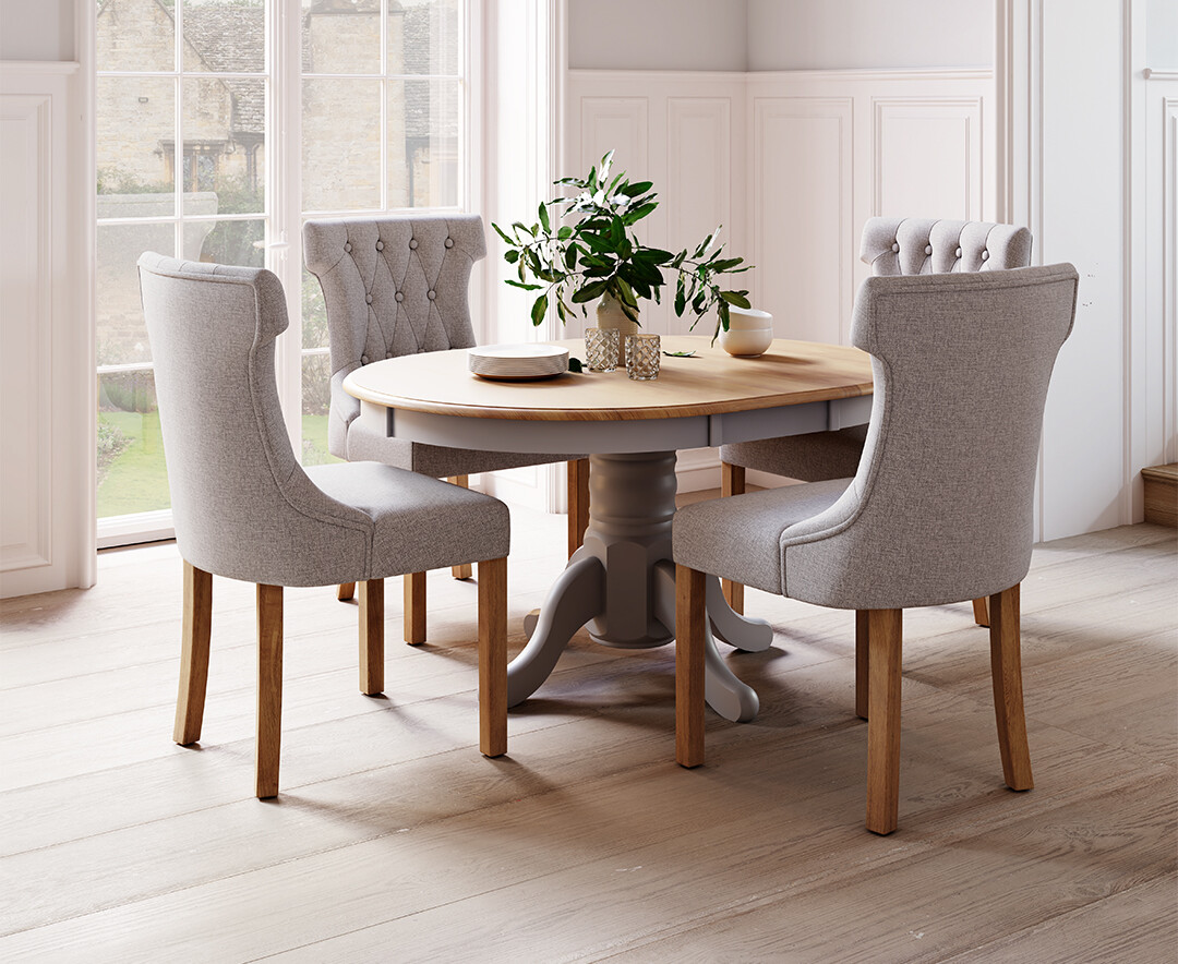 Extending Hertford 100cm - 130cm Oak And Light Grey Painted Pedestal Dining Table With 4 Grey Clara Chairs