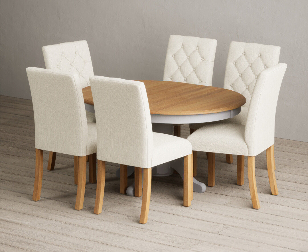 Extending Hertford 100cm - 130cm Oak And Light Grey Painted Pedestal Dining Table With 6 Natural Isabella Chairs