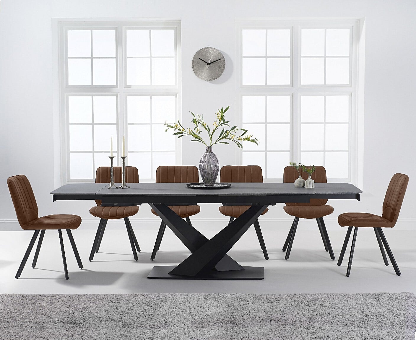 Extending Jacob 180cm Grey Stone Dining Table With 6 Brown Hendrick Chairs