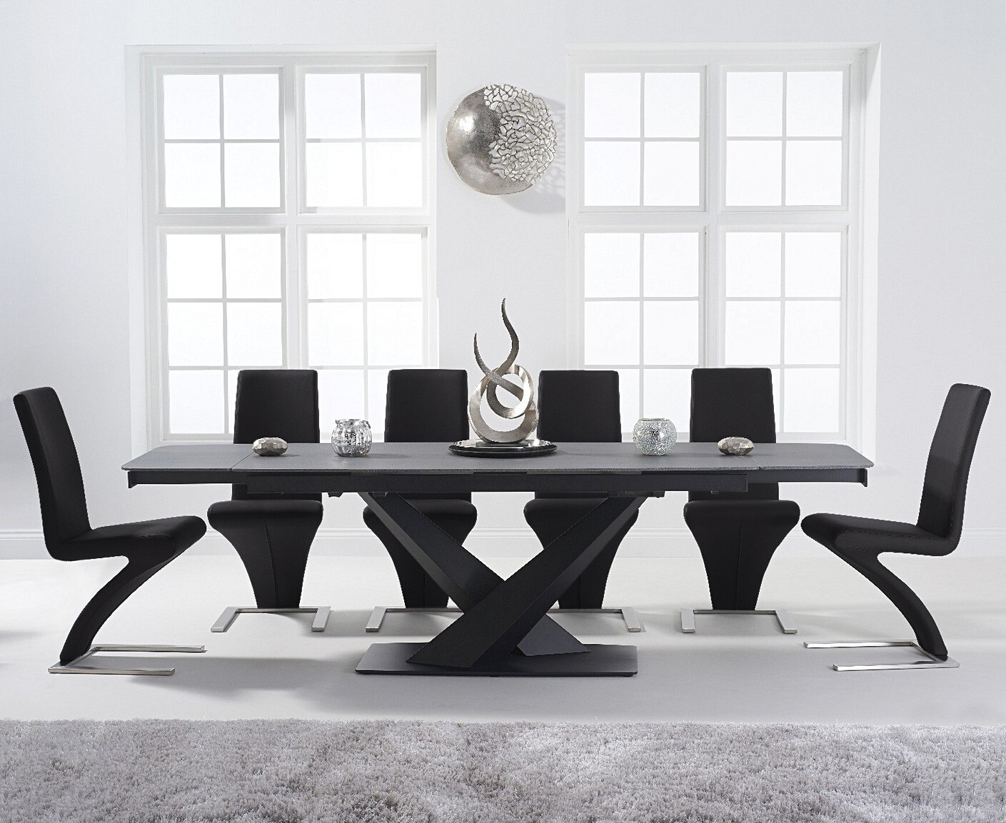 Extending Jacob 180cm Grey Stone Dining Table With 6 Black Aldo Chairs