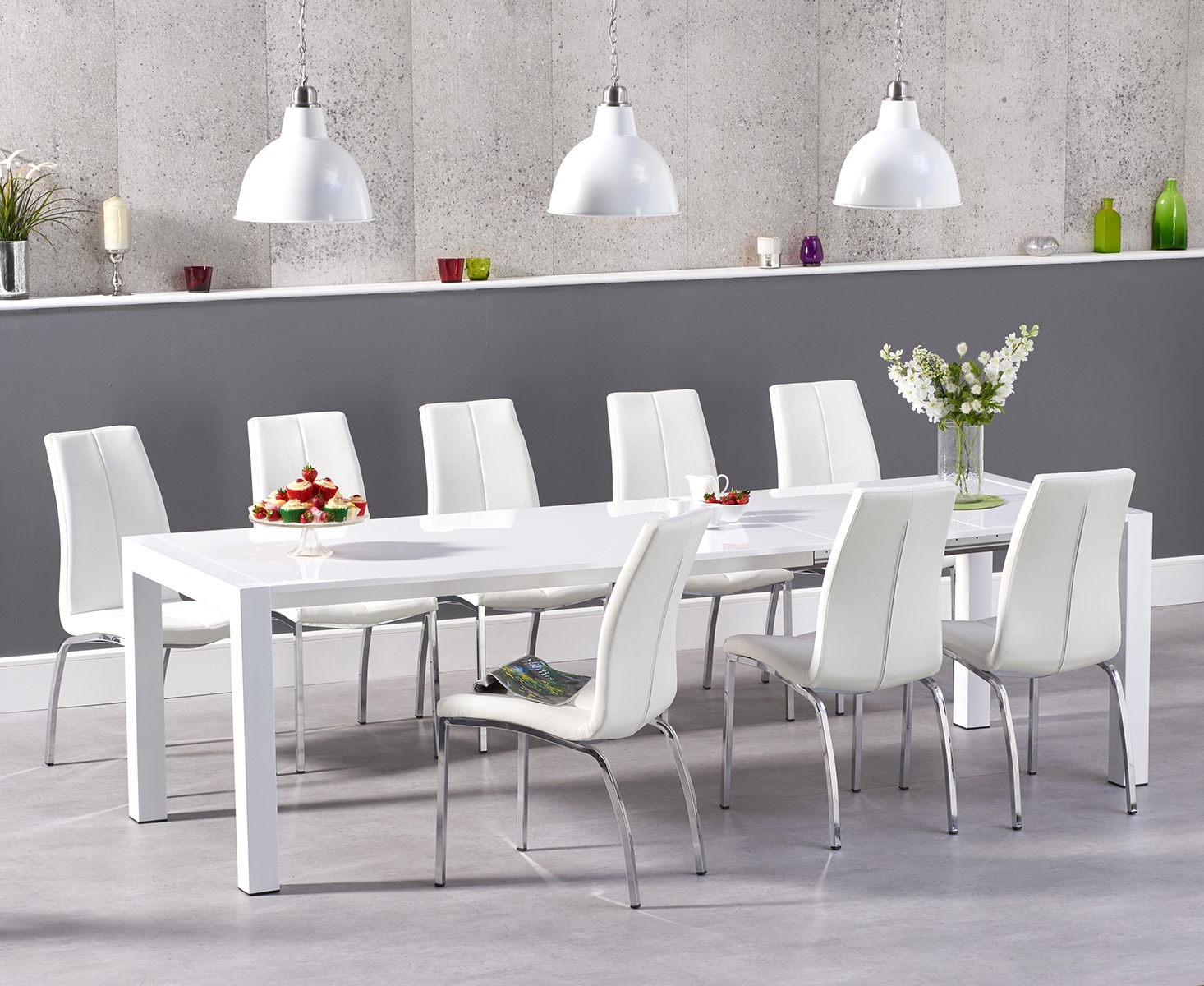 Extending Cleveland White High Gloss Dining Table With 8 White Marco Chairs