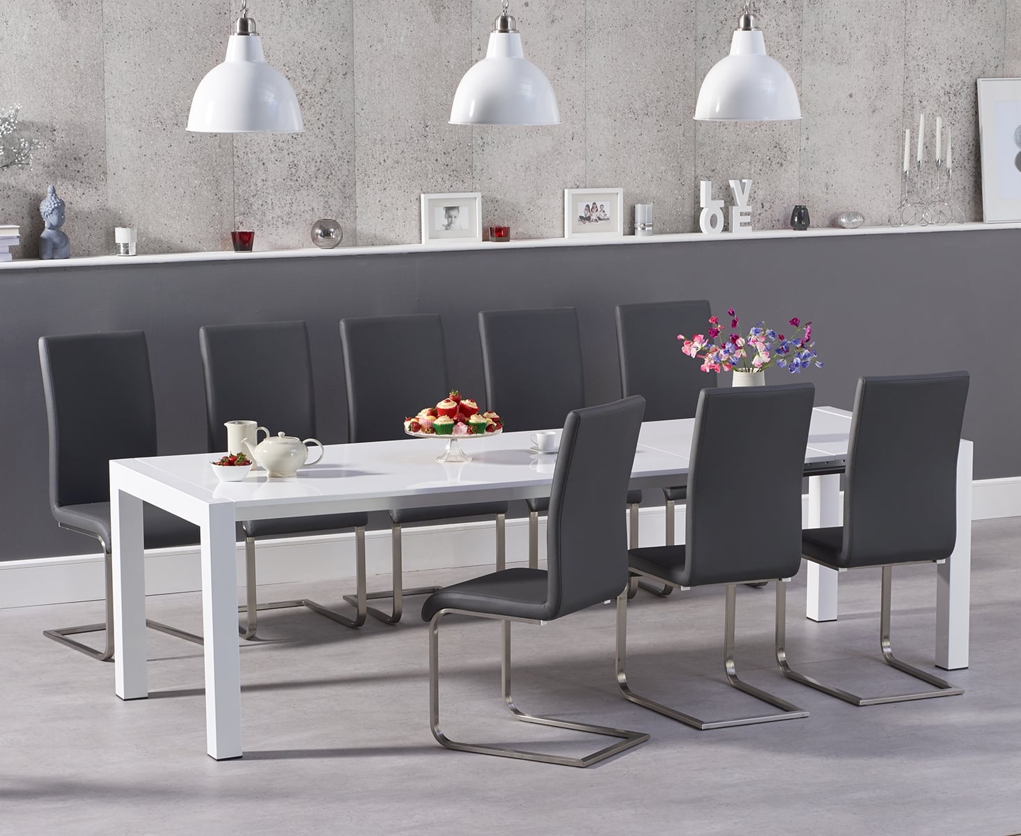 Extending Cleveland White High Gloss Dining Table With 8 Grey Austin Chairs