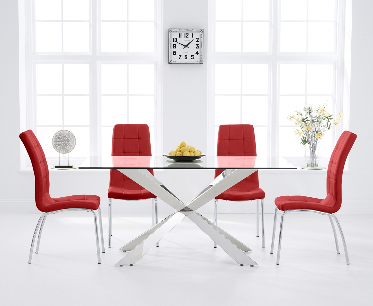 Canova 160cm Glass Dining Table With 4 Red Enzo Chairs