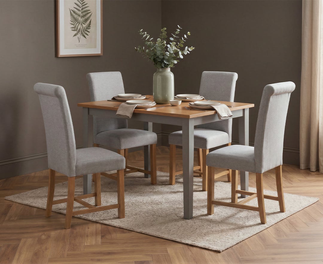 Kendal 115cm Solid Oak and Light Grey Painted Dining Table with 4 Grey Braced Chairs