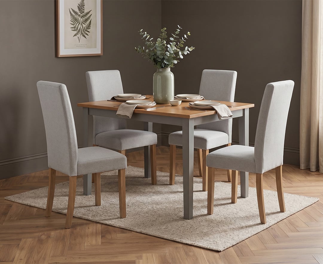 Kendal 115cm Solid Oak and Light Grey Painted Dining Table with 4 Grey Lila Chairs