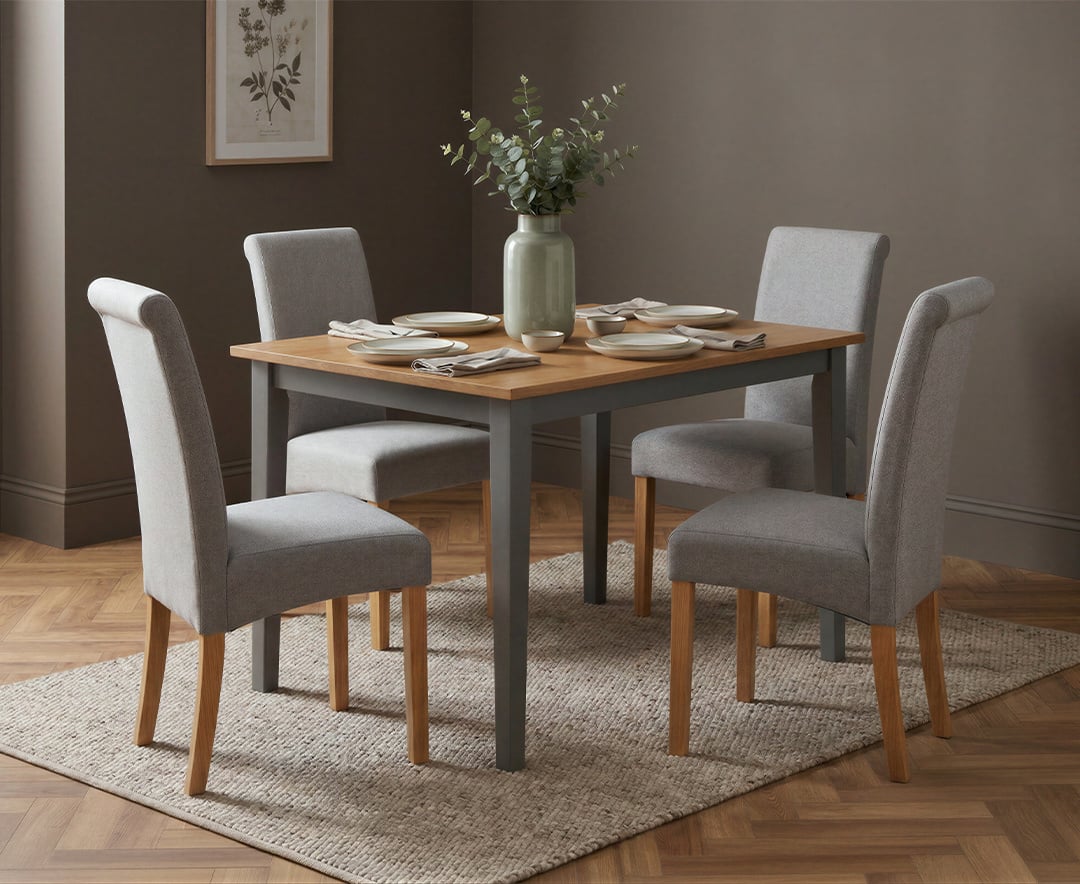 Kendal 115cm Solid Oak and Light Grey Painted Dining Table with 4 Grey Scroll Back Chairs
